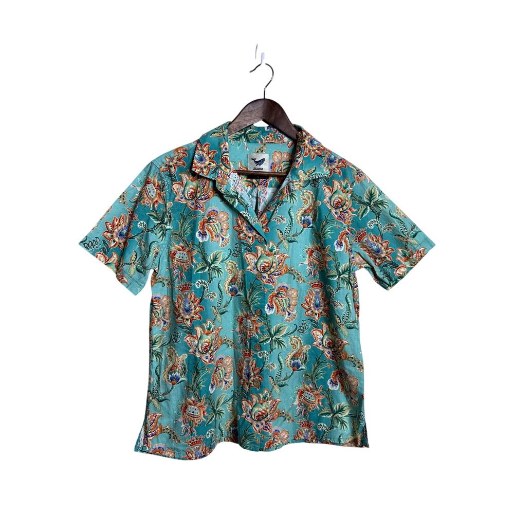 Yiume Women’s Turquoise Ornate Floral Paisley Cotton Hawaiian Blouse L NWOT